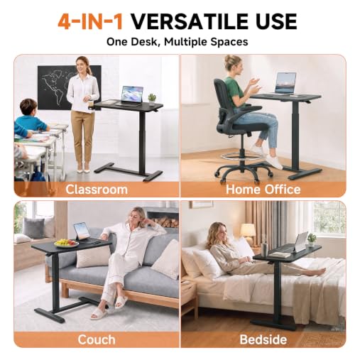 Small Standing Desk with Hidden Wheels & Adjustable Height - Overbed Bedside Table for Home Office, Pure Black (Medium)