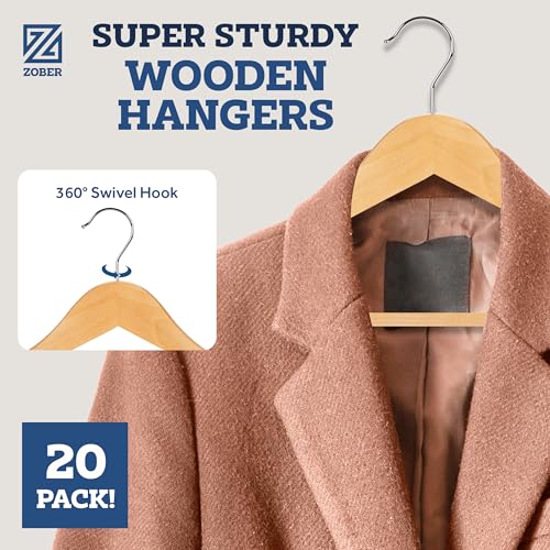 Heavy Duty Wooden Hangers 20 Pack with Non-Slip Surface & Contoured Shoulders - Natural