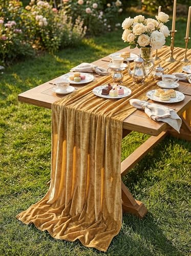 Gold Velvet Table Runner 10ft x 20" Wide - 4pc Set, SoarDream