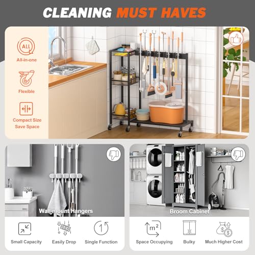Olakee Large Broom & Mop Organizer with Cleaning Supplies Caddy, Janitorial Cart