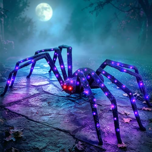 Giant Halloween Spider Decor 4.3Ft Lighted Black Metal with 6 Lighting Modes & 100 LED Purple Lights
