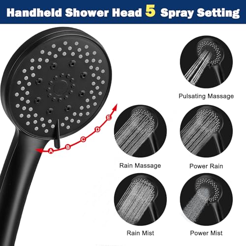 NearMoon Matte Black 8-Inch Square Filtered Rain Shower Head & Handheld Combo with 5 Settings, Self-Adhesive Holder & 1.5M Hose