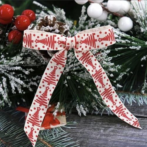 Red Tree Merry Christmas Ribbon - 5/8 Inch x 10 Yards, Holiday Decoration