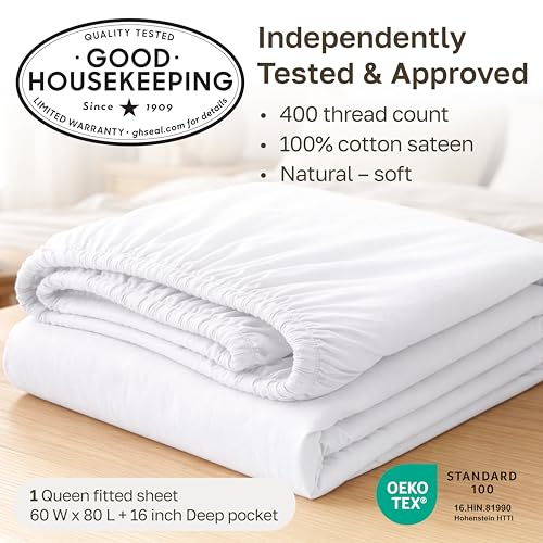 Queen Fitted Sheet with Deep Pockets - 100% Cotton Sateen - White - Variation 01