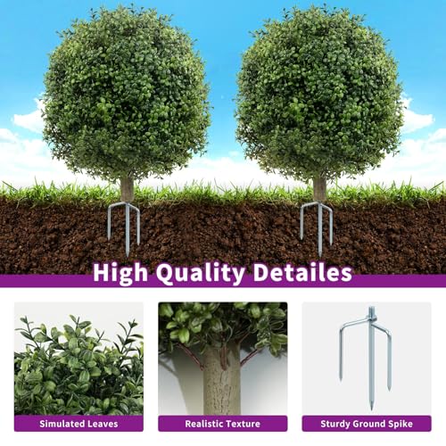Griine Set of 2 Artificial Boxwood Topiary Ball Trees - 27 Inch Faux Bush with Metal Ground Spike, UV Resistant Outdoor Decor