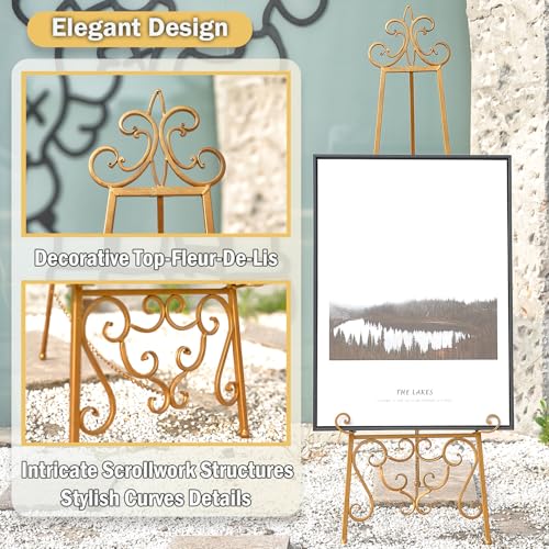 Gold Metal Easel Stand for Sign Display - Heavy Duty Adjustable Sign Holder - Fleur De Lis Top Variation