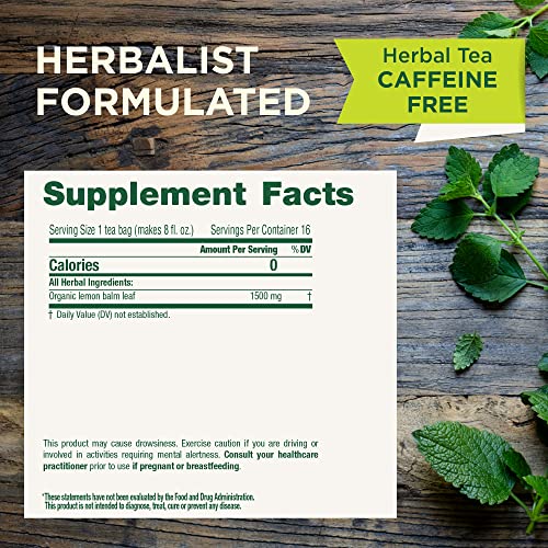Organic Lemon Balm Tea Bags - 16 Count Pack of 6, Calms Nervous Tension & Supports Digestion