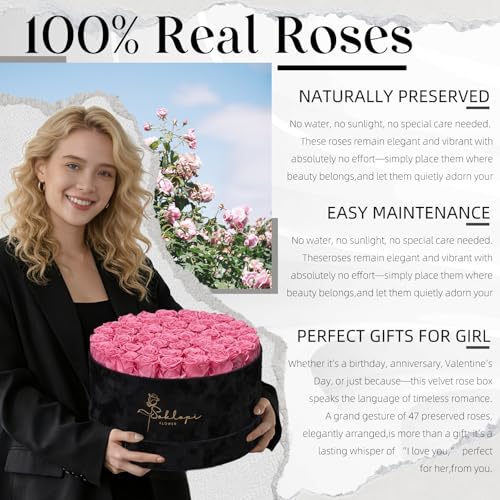 Pink Forever Roses Bouquet - Preserved Roses in a Gift Box - 47 Real Flowers - Soklopi