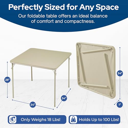 Square Folding Card Table Buff Tan 34x34 Inches - Space Saving & Sturdy