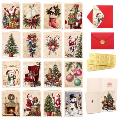 Retro Christmas Greeting Cards Set of 16 Vintage Oil Painting Style - Holiday Holiday Cards with Envelopes & Stickers - Tlenpo Retro Christmas / 16