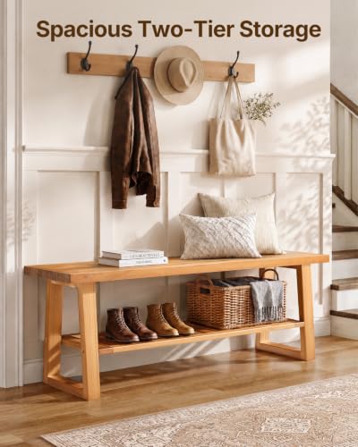 Amada Pine Wood Entryway Bench with Shoe Storage Shelf, Rustic Farmhouse Style