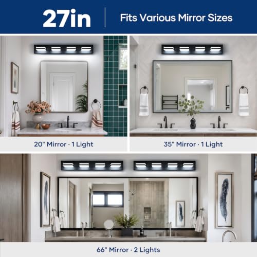 360° Rotatable LED Bathroom Vanity Light Fixtures - 4-Light, Matte Black & White, 27-Inch