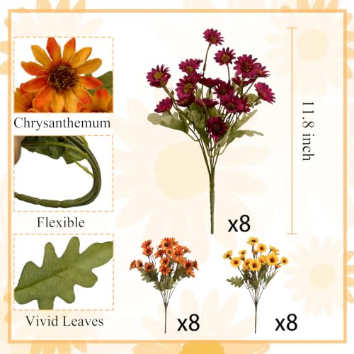 Mixed Daisy Artificial Flowers Set - 24Pcs UV-Resistant Faux Mums for Outdoor Garden and Fall Decor