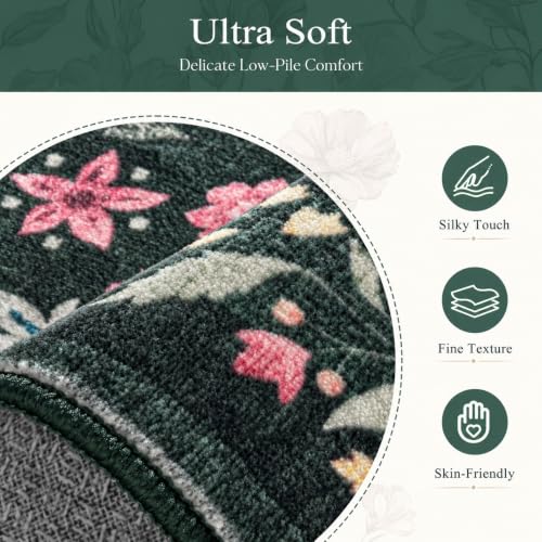 Tosuoka 8x10 Dark Green Washable Boho Floral Area Rug for Farmhouse & Living Room