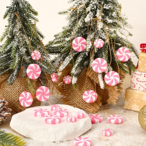 DECYOOL 80pcs Pink Mini Christmas Candy Cane Ornaments - Peppermint Decor, 15mm