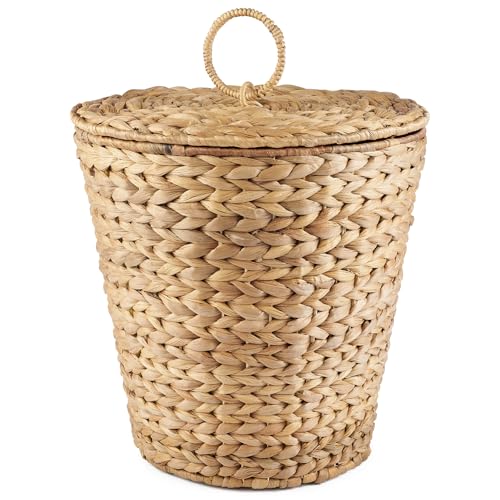 84ECO Water Hyacinth Wicker Trash Can with Lid and Liner - 3 Gallon Waste Basket for Bathroom, Kitchen, Bedroom