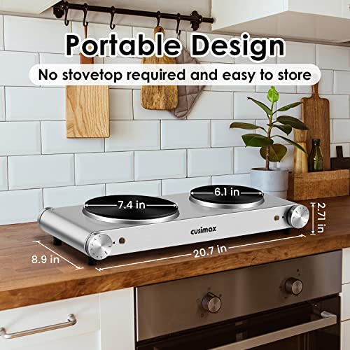 CUSIMAX Double Silver Hot Plate - 1800W Portable Electric Double Burner