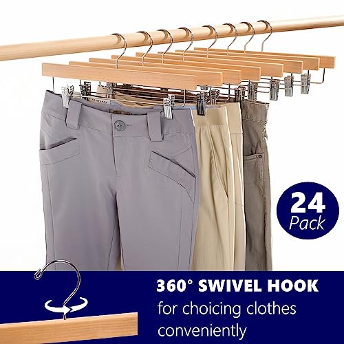 Amber Home 24 Pack Wooden Pants Hangers with Adjustable Clips, 14"