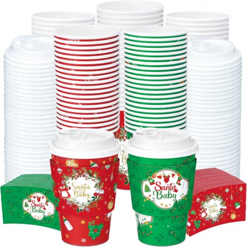 FoldTier 100 Count Santa Baby Coffee Cups with Lids & Sleeves - 12 oz (Red/Green) Baby Shower Set