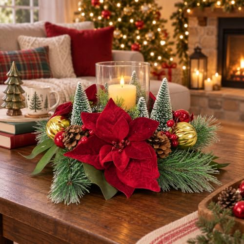 16in Christmas Candle Centerpiece with Glass Hurricane - Lnymura