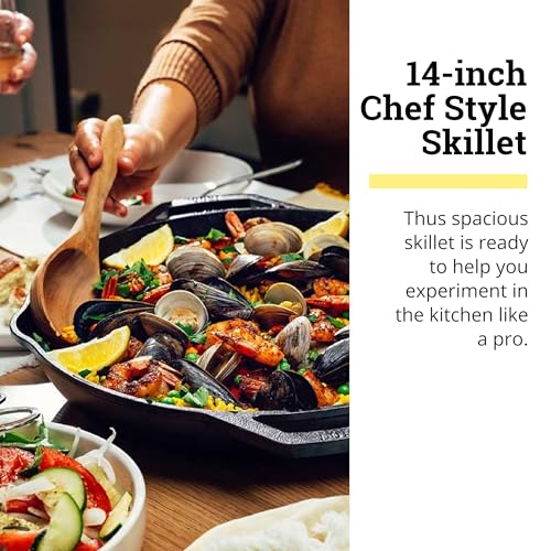 14 Inch Pre-Seasoned Cast Iron Skillet - Heavy Duty Nonstick Frying Pan
