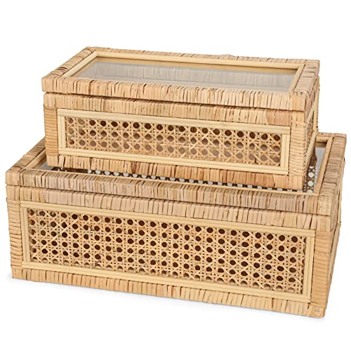 Large Handwoven Boho Rattan Display Boxes with Glass Lids Set of 2