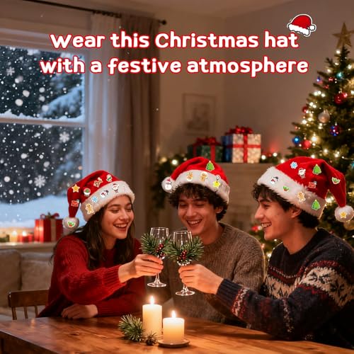 Santa Hat, Christmas Hat With 20 Diy Holiday Stickers, Hats For Xmas