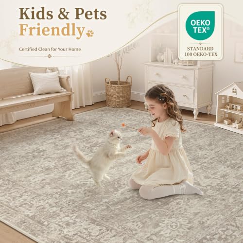 Brown 8x10 Area Rug for Living Room - Washable Floral Non-Slip Carpet