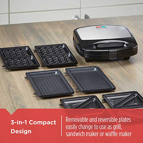 Black/Silver 3-in-1 Compact Waffle Maker Grill Sandwich Press with Nonstick Plates