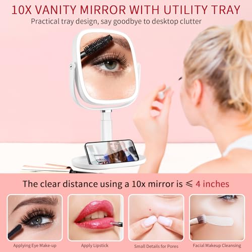 Vanmirr White Lighted Makeup Mirror with 8.5" 1x/10x Magnification & Height Adjustment