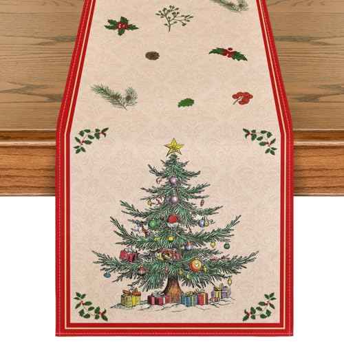 Artoid Mode Xmas Tree Gift 210 GSM Christmas Table Runner, Red Seasonal Winter Kitchen Dining Table Decoration for Home Party Decor 13x72 Inch