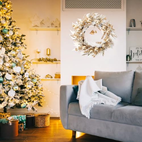 24 Inch Gold Christmas Wreath with Berries Bells Pampas Grass for Front Door & Indoor Decor