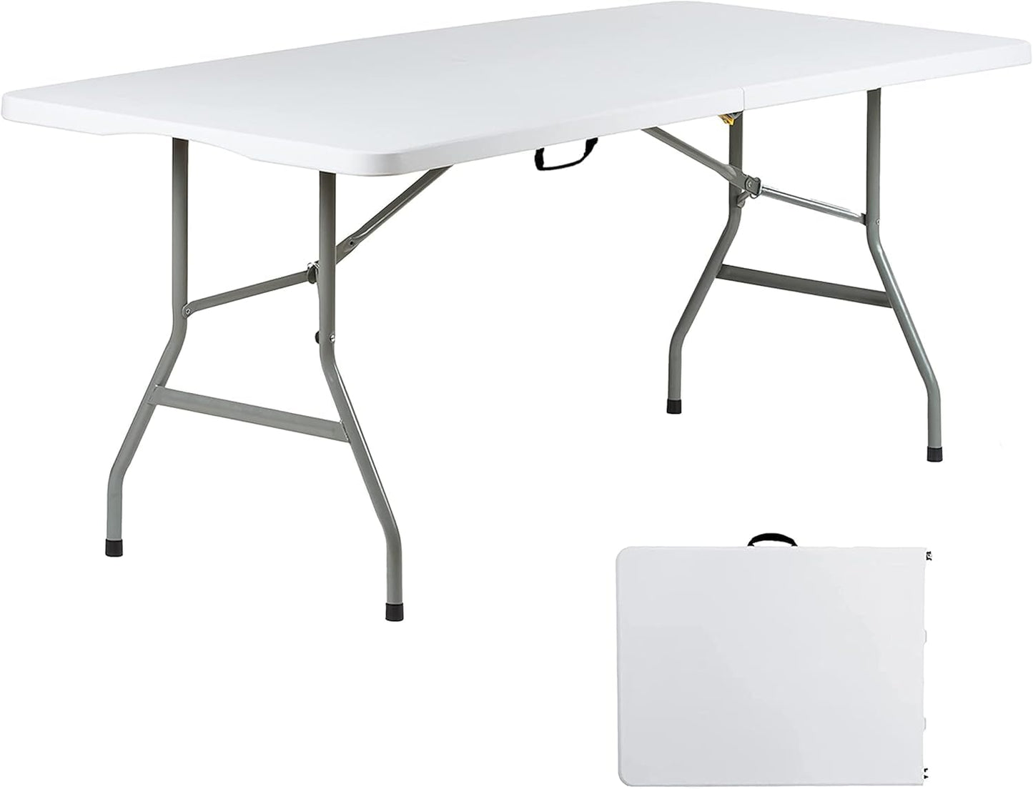 Go-Trio 6 Foot Folding Table 6ft Foldable Portable Plastic Tables for Party, Fold-in-Half Heavy Duty Table, 6’ Utility Dining Card Long Table, Indoor Outdoor Fold up for Picnic, Camping, White, Large