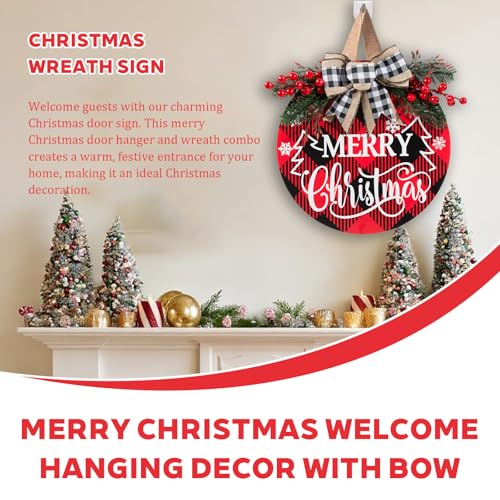 UIONML Christmas Door Sign-D 12 Inch Merry Christmas Welcome Hanging Wreath Decor with Bow Rustic Farmhouse Holiday Sign