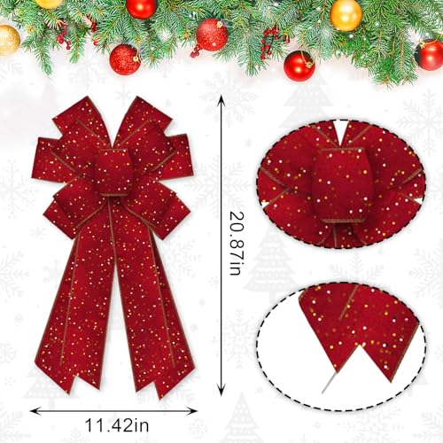 Large Christmas Bows for Wreath, Glitter Red Velvet Wreath Bow Xmas Holiday Tree Topper Bows Ornaments for Front Door New Year Christmas Party Decoration Supplies