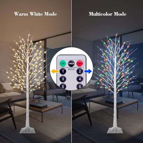 7FT Lighted Birch Tree with 170 LED Warm White and Multicolor Lights,