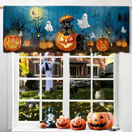 Halloween Valance Curtain for Kitchen, Halloween Decorations Black Cat Ghost Window Valance for Living Room Bedroom, Blue Valance 18" X 54" Pumpkin Decor Window Treatment Rod Pocket Valances