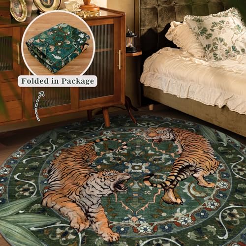 Tiger Round Area Rugs for Living Room 6ft, Boho Green Animal Print