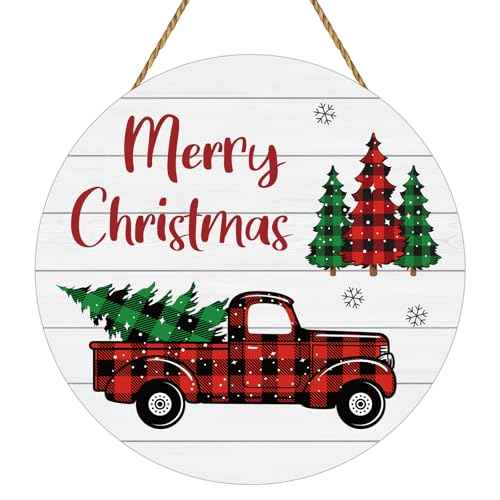 Christmas Decorations Indoor Door Decorations Merry Christmas Sign Buffalo Plaid Truck Tree Wall Decor Wooden Front Door Hanger Truck Tree Hanging Sign Wreath for Porch Wall Indoor Home Decor
