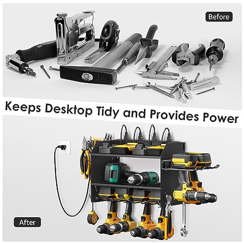 CCCEI Black 6FT Power Tool Organizer Wall Mount Charging Station with 6 Drills Slots and 8 Outlets
