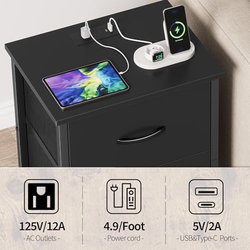 Vagusicc 2-Pack Black Nightstands with Charging Station, USB & Power Outlets