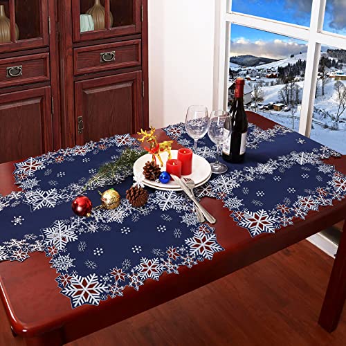 Simhomsen Embroidered Snowflakes Christmas Table Runner 14x69 Inches Navy Blue