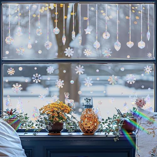 Christmas Window Clings Snowflake Bell Static Cling Xmas Deer Pine Tree Window Decals Winter Snow Prismatic Vinyl Stickers Anti-Collision Window Stickers for Bird Strikes Suncatcher Stickers