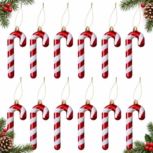 12Pcs Red & White Candy Cane Christmas Ornaments with Glitter – 12.5 cm