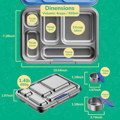 AOHEA Blue Stainless Steel Kids Bento Lunch Box 33oz 5 Compartments BPA-Free