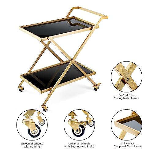 Gold Finish Bar Cart on Wheels with Locking Casters - 2-Tier Serving Cart for Home & Bar