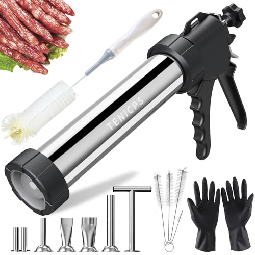 TENICPS Stainless Steel Jerky Gun Kit with 5 Nozzles, Sausage Maker, Food-Grade Meat Stuffer, Includes Brushes, Pusher & Gloves