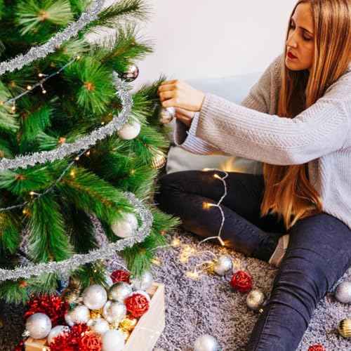 20 Yards 1/2 Inch Silver Christmas Tree Tinsel Garland Wired Mini Thin Metallic Foil Twist Trim Xmas Glitter Fluffy Ribbon for Sewing Making Gift Wrapping DIY Christmas Tree Decor Supplies