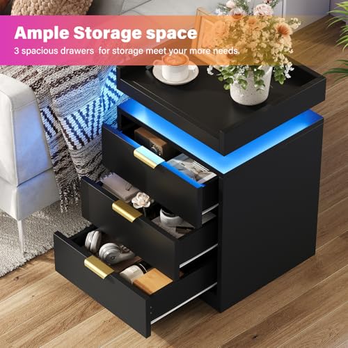 knoworld LED Nightstand with Charging Station & USB Ports, 3-Drawer