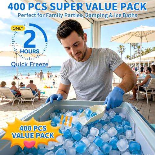 Blue & Transparent Reusable Ice Cubes for Drinks & Parties – 400 Pack with Scoop